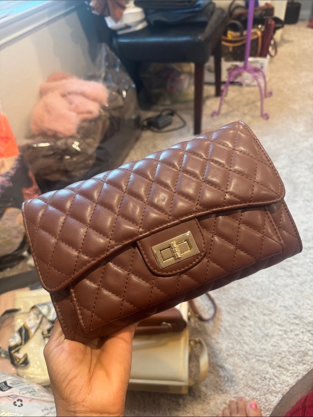 Quilted Brown Crossbody Chain Bag with Turn-Lock